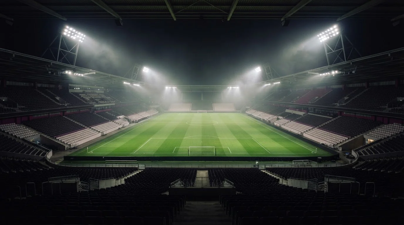 Fußballstadion mit beleuchtetem Spielfeld und Flutlichtmasten
