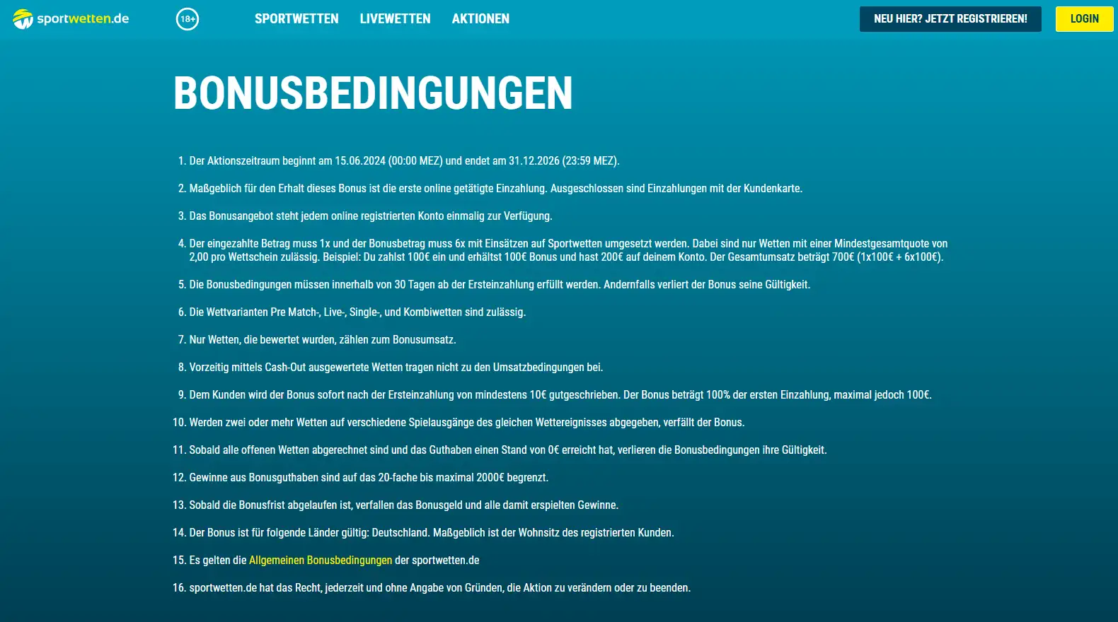 Bedingungen des Willkommensangebots mit Einzahlung und Umsatzvorgaben