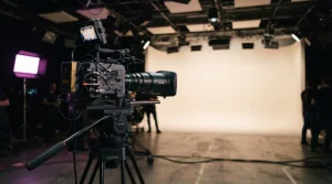 Fernsehkamera auf einem Stativ im beleuchteten Studio