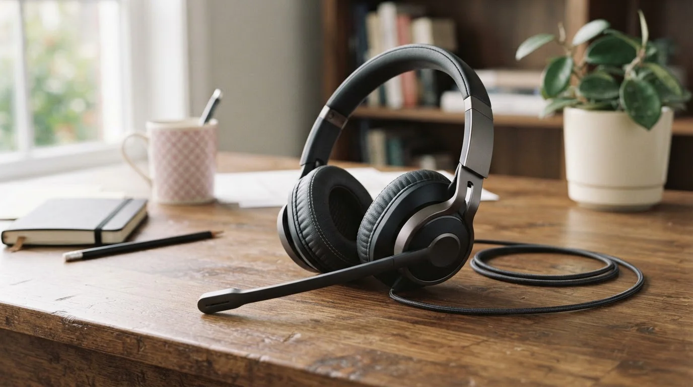 Telefonheadset mit Mikrofon auf einem Holzschreibtisch