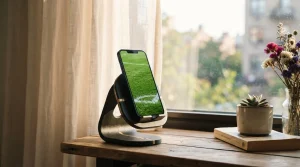 Smartphone auf einer Ladestation neben einem hellen Fenster