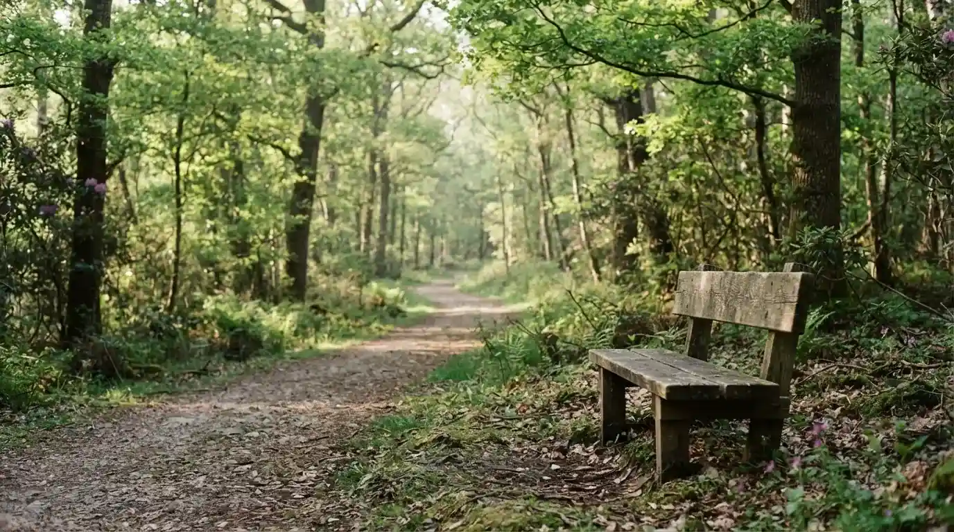 Holzbank an einem gewundenen Waldweg im Morgenlicht