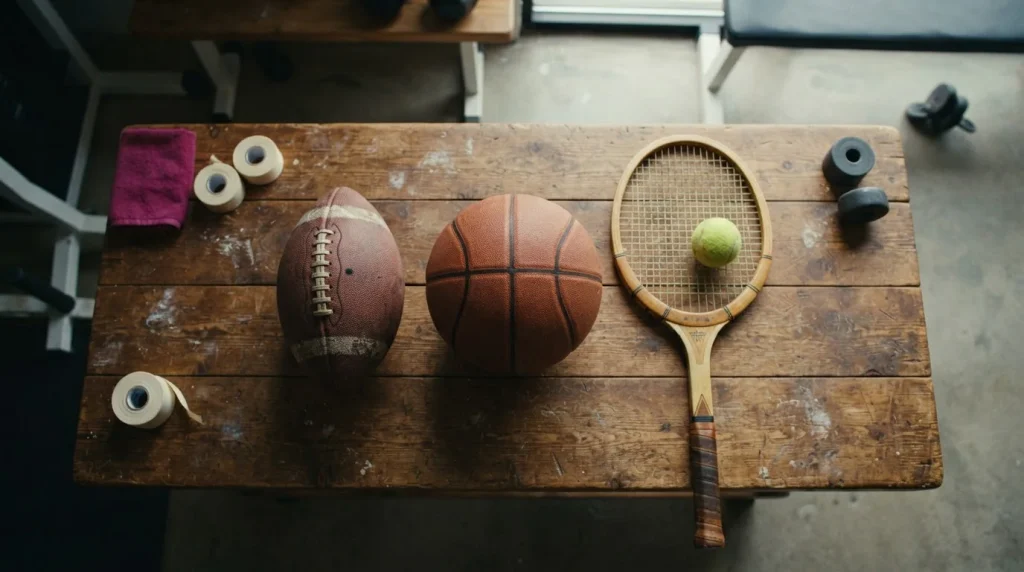 Fußball, Basketball und Tennisschläger mit Ball auf einem Holztisch
